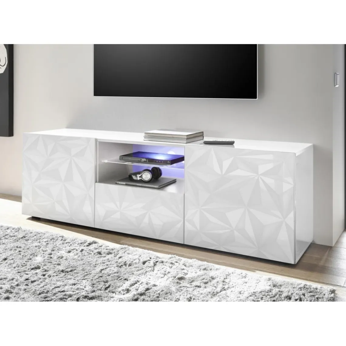 3S. x Home Meuble TV deux portes et 1 tiroir PRISMA laqué blanc brillant Online