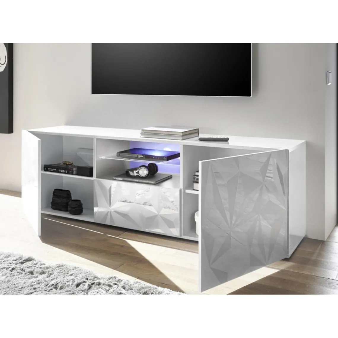 3S. x Home Meuble TV deux portes et 1 tiroir PRISMA laqué blanc brillant Online