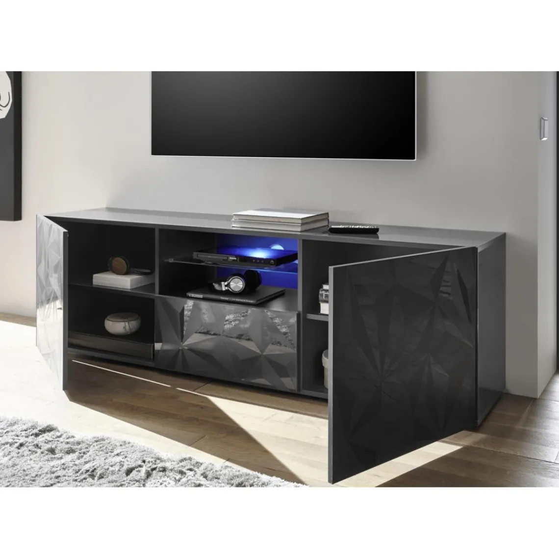 3S. x Home Meuble TV deux portes et un tiroir PRISMA laqué anthracite brillant