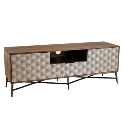 Macabane Meuble TV en bois de manguier 2 portes 1 tiroir motifs ethniques ALIX Sale
