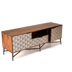 Macabane Meuble TV en bois de manguier 2 portes 1 tiroir motifs ethniques ALIX Sale