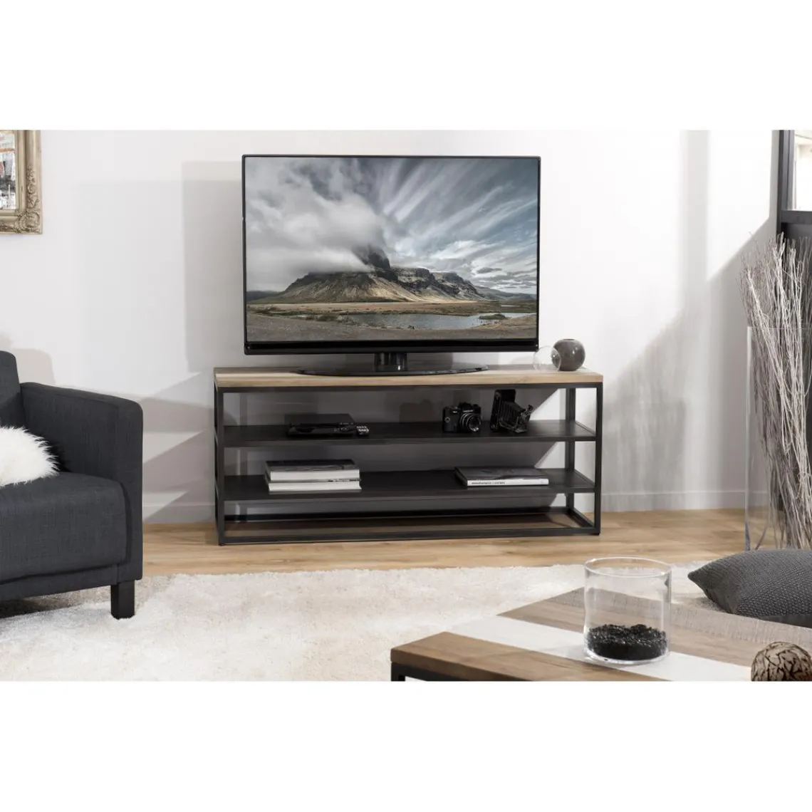 Macabane Meuble TV LEANDRE Avec 2 Étagères Bois Et Métal Best