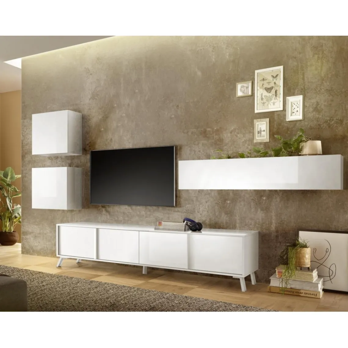 3S. x Home Meuble TV lowboard 4 portes blanc lacqué Outlet