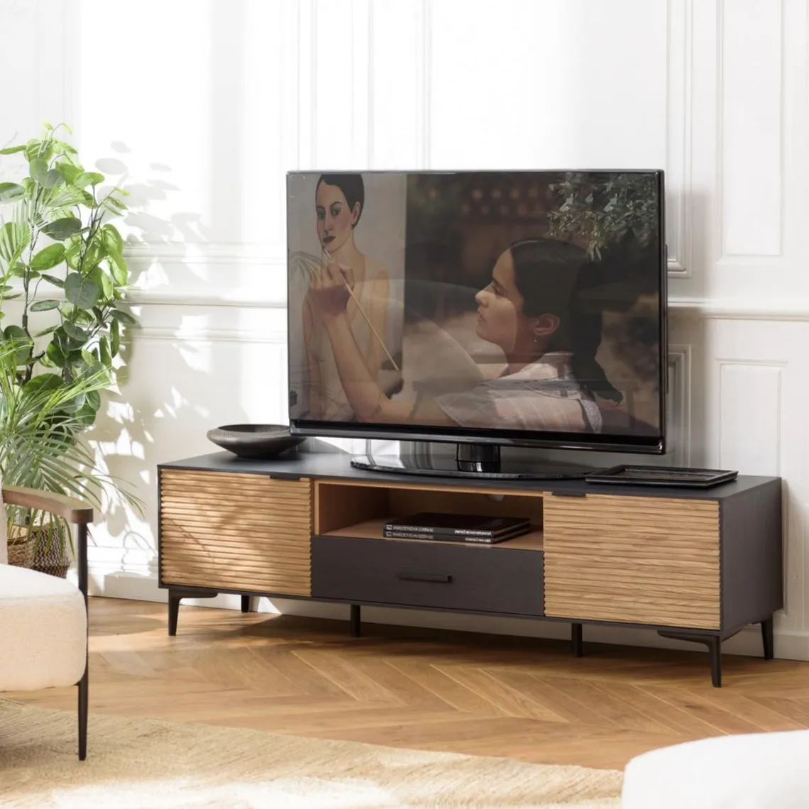 Macabane Meuble TV marron, noir 2 p. 1 tiroir 1 niche Pin pieds métal Hot