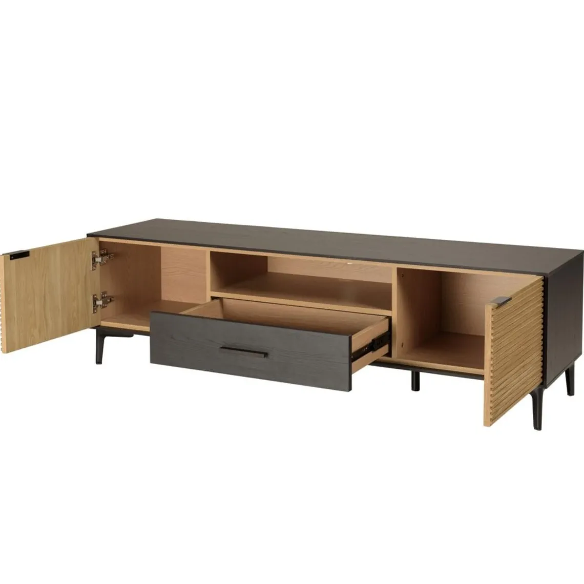 Macabane Meuble TV marron, noir 2 p. 1 tiroir 1 niche Pin pieds métal Hot