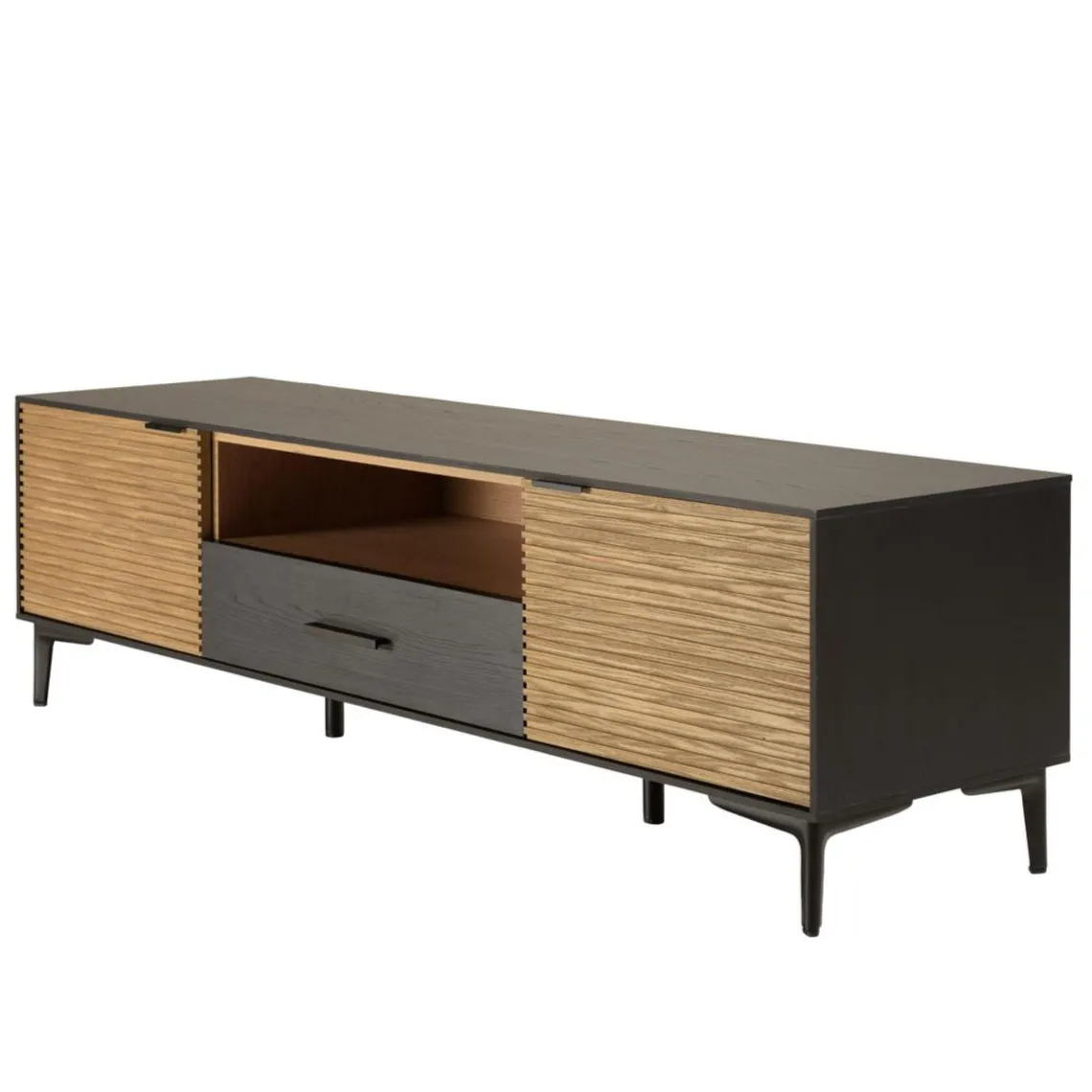 Macabane Meuble TV marron, noir 2 p. 1 tiroir 1 niche Pin pieds métal Hot