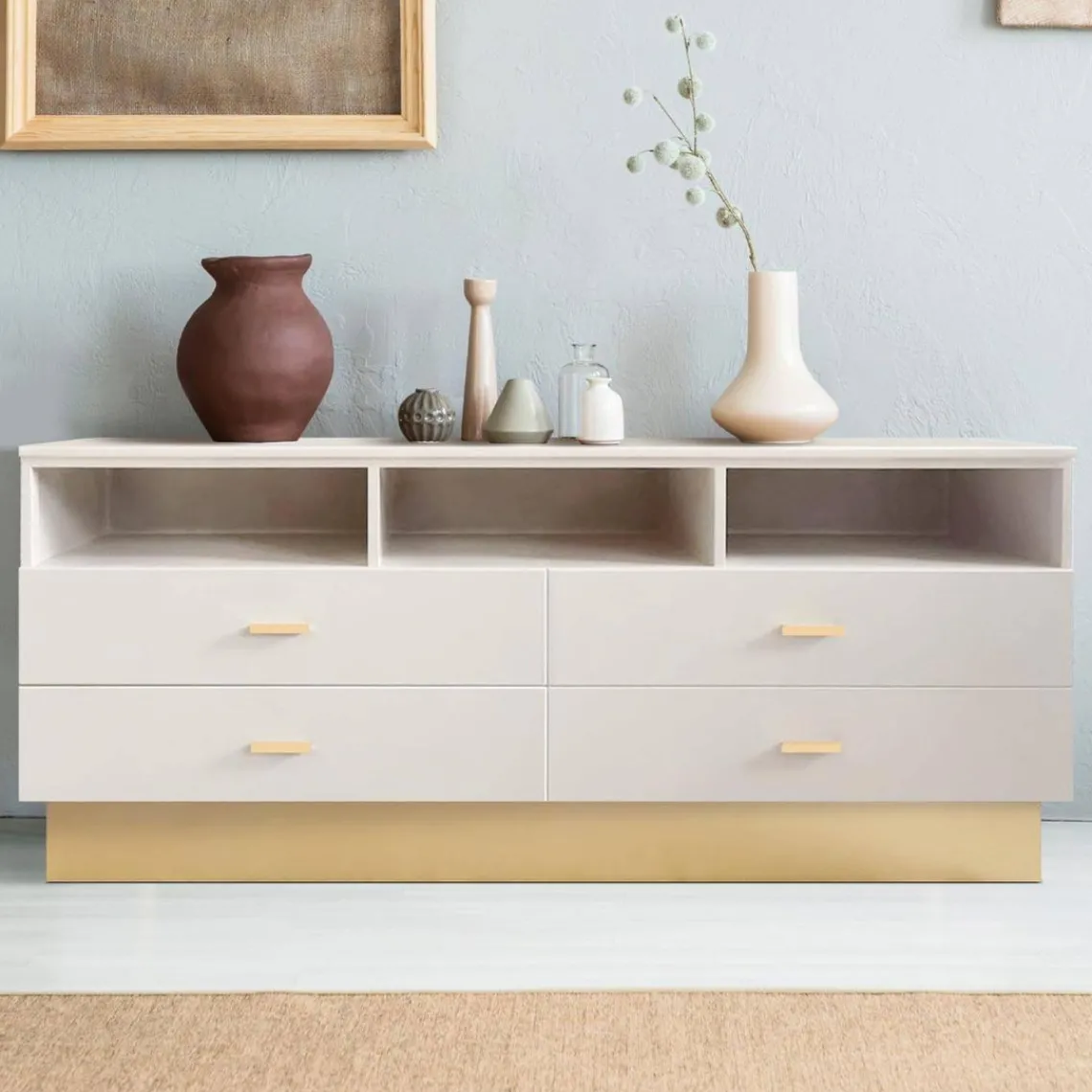 3S. x Home Meuble TV moderne 4 tiroirs Taupe clair et Or Best