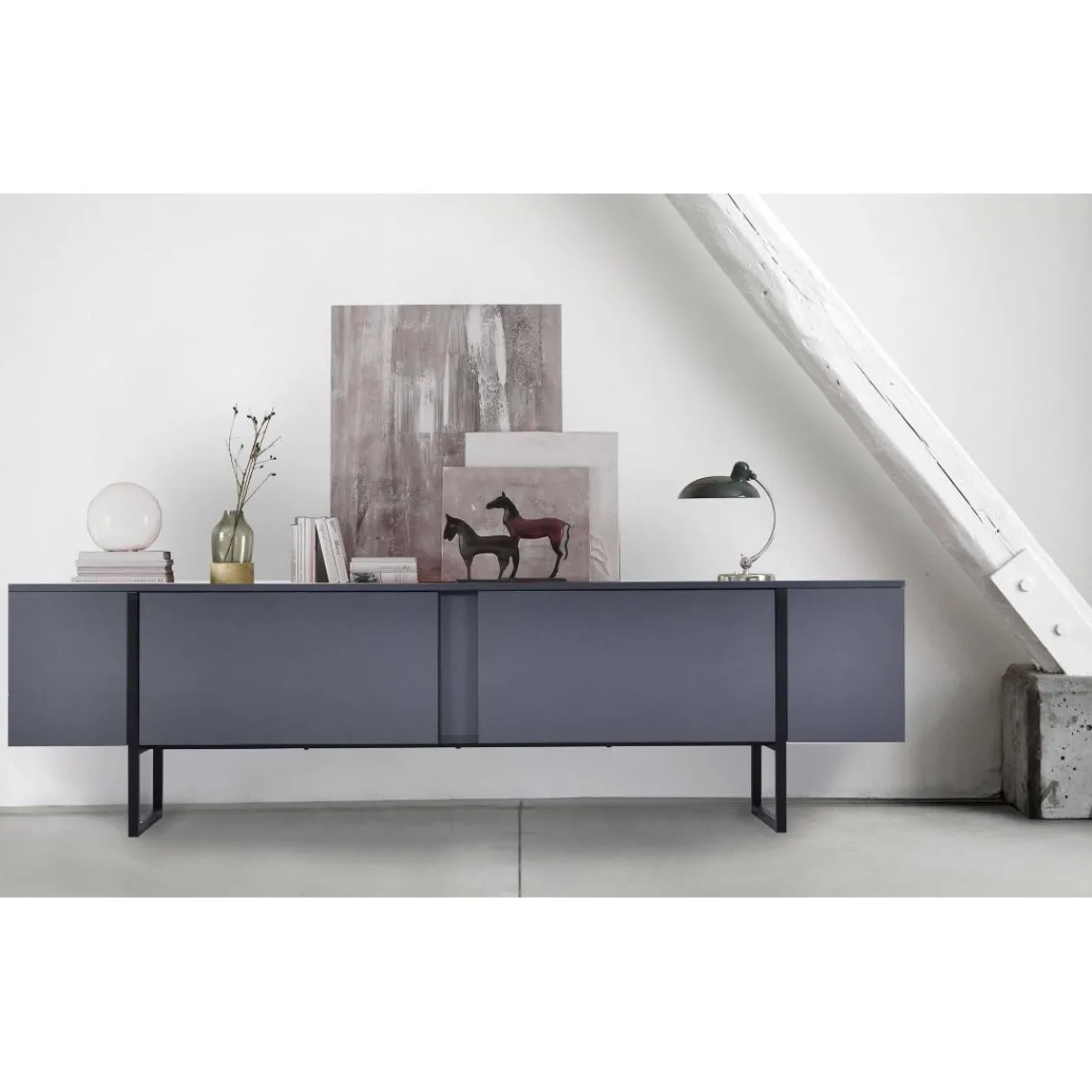 3S. x Home Meuble TV moderne avec 2 portes Valmain L180cm Gris foncé et Métal Noir Sale