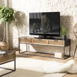Macabane Meuble TV métal 3 tiroirs cannage - DORIA New