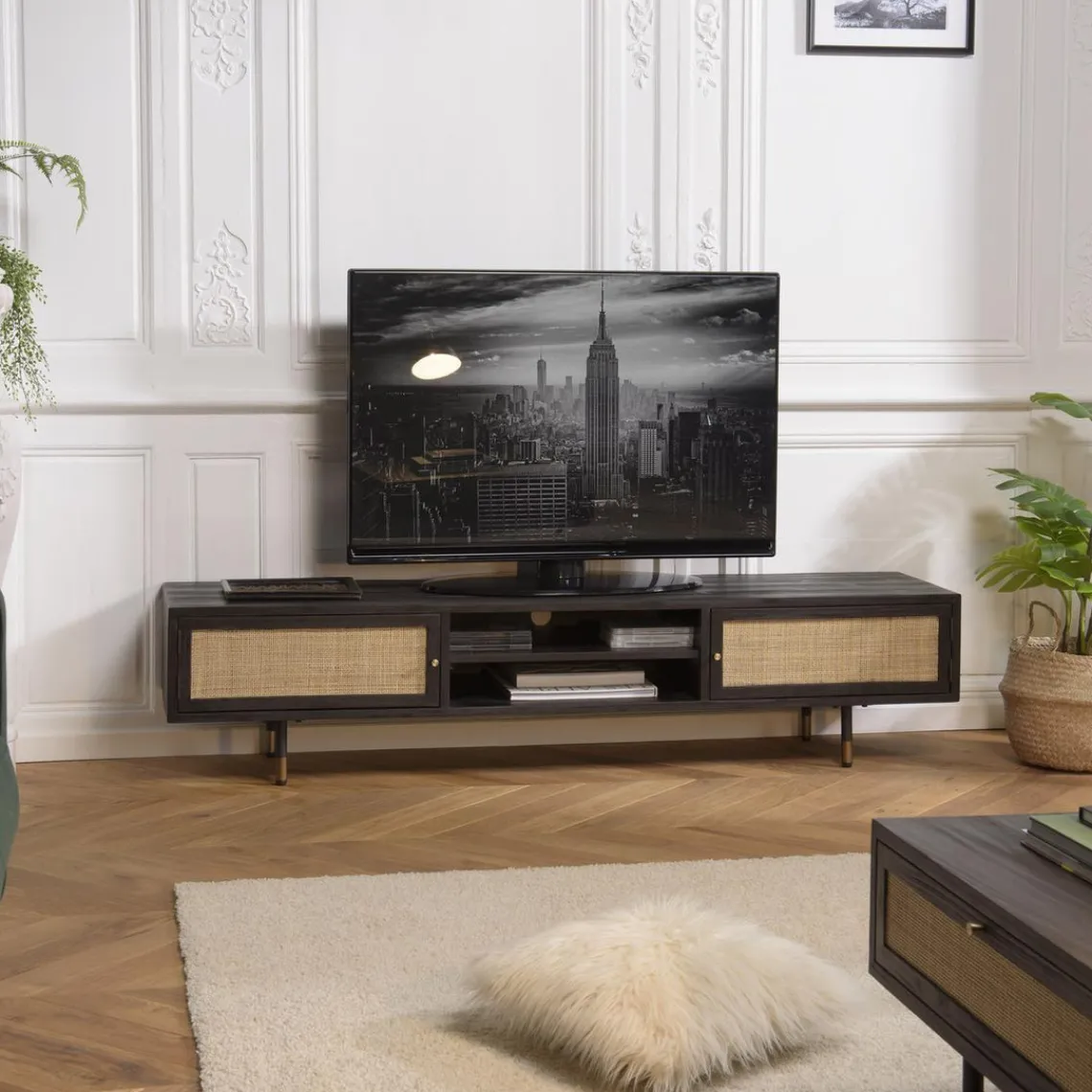 Macabane Meuble TV Noir 2 Niches 2 Portes Cannage YANIS Sale