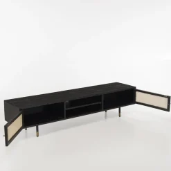 Macabane Meuble TV Noir 2 Niches 2 Portes Cannage YANIS Sale