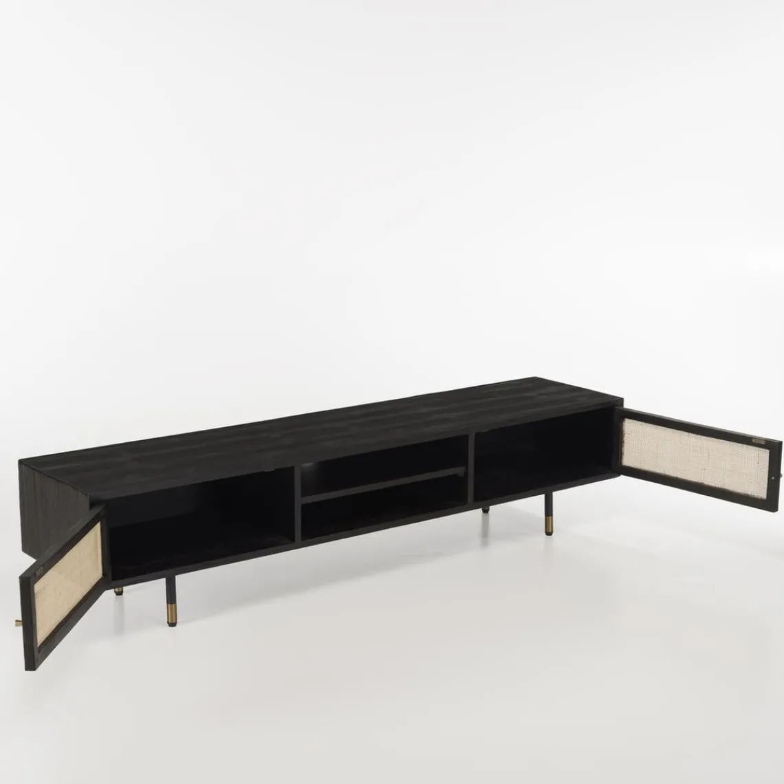 Macabane Meuble TV Noir 2 Niches 2 Portes Cannage YANIS Sale