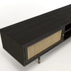 Macabane Meuble TV Noir 2 Niches 2 Portes Cannage YANIS Sale