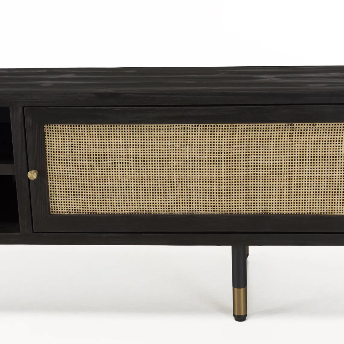 Macabane Meuble TV Noir 2 Niches 2 Portes Cannage YANIS Sale