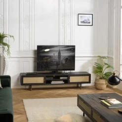 Macabane Meuble TV Noir 2 Niches 2 Portes Cannage YANIS Sale