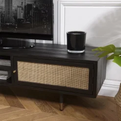 Macabane Meuble TV Noir 2 Niches 2 Portes Cannage YANIS Sale