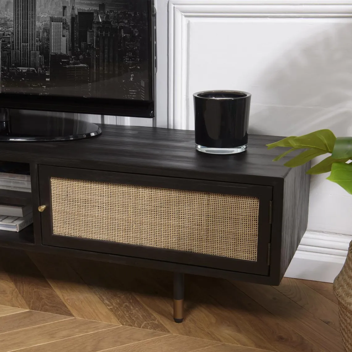 Macabane Meuble TV Noir 2 Niches 2 Portes Cannage YANIS Sale