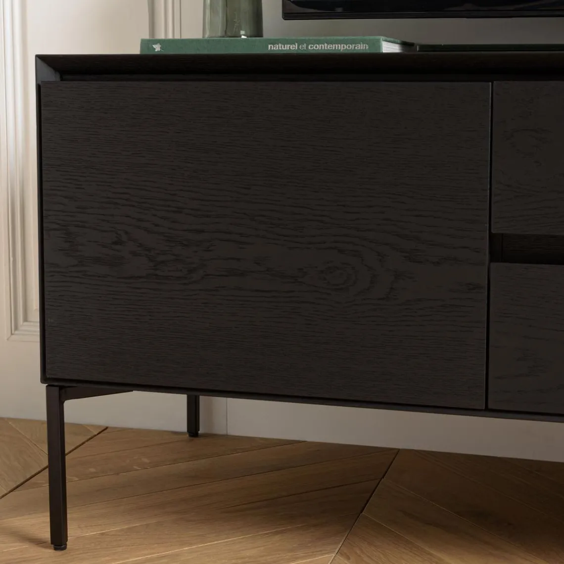 Macabane Meuble TV 1 porte 2 tiroirs pieds métal MAXENDRE Noir