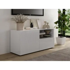 3S. x Home Meuble TV petit 1 porte 1 tiroir RIO blanc laqué brillant Hot