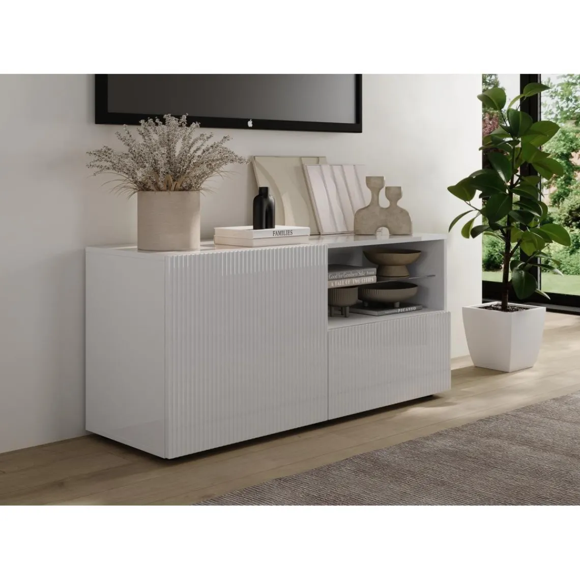 3S. x Home Meuble TV petit 1 porte 1 tiroir RIO blanc laqué brillant Hot