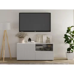 3S. x Home Meuble TV petit 1 porte 1 tiroir RIO blanc laqué brillant Hot