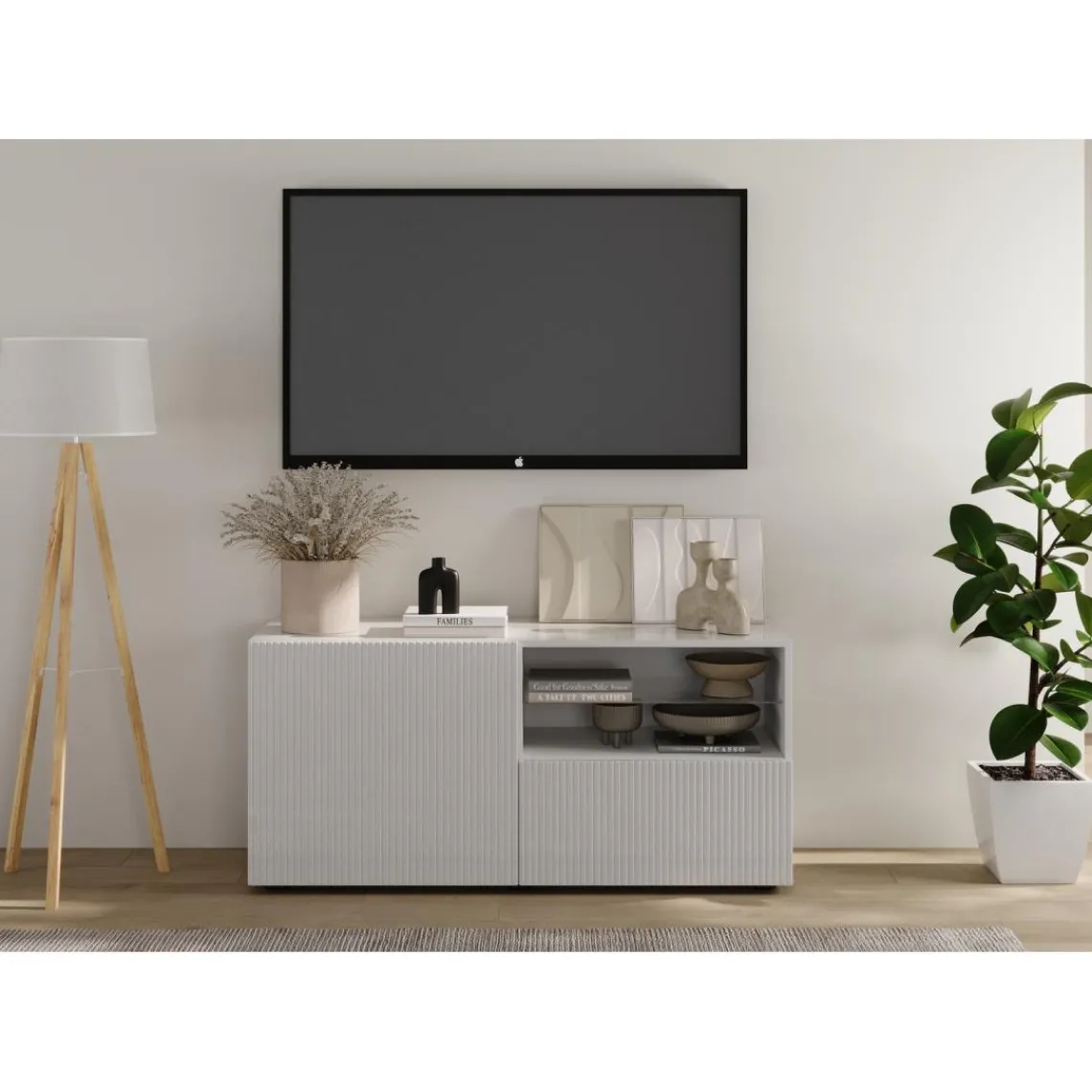 3S. x Home Meuble TV petit 1 porte 1 tiroir RIO blanc laqué brillant Hot