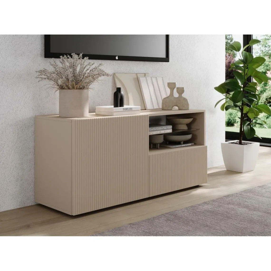 3S. x Home Meuble TV petit 1 porte 1 tiroir RIO Panneaux de particules de première qualité Portes en MDF Discount
