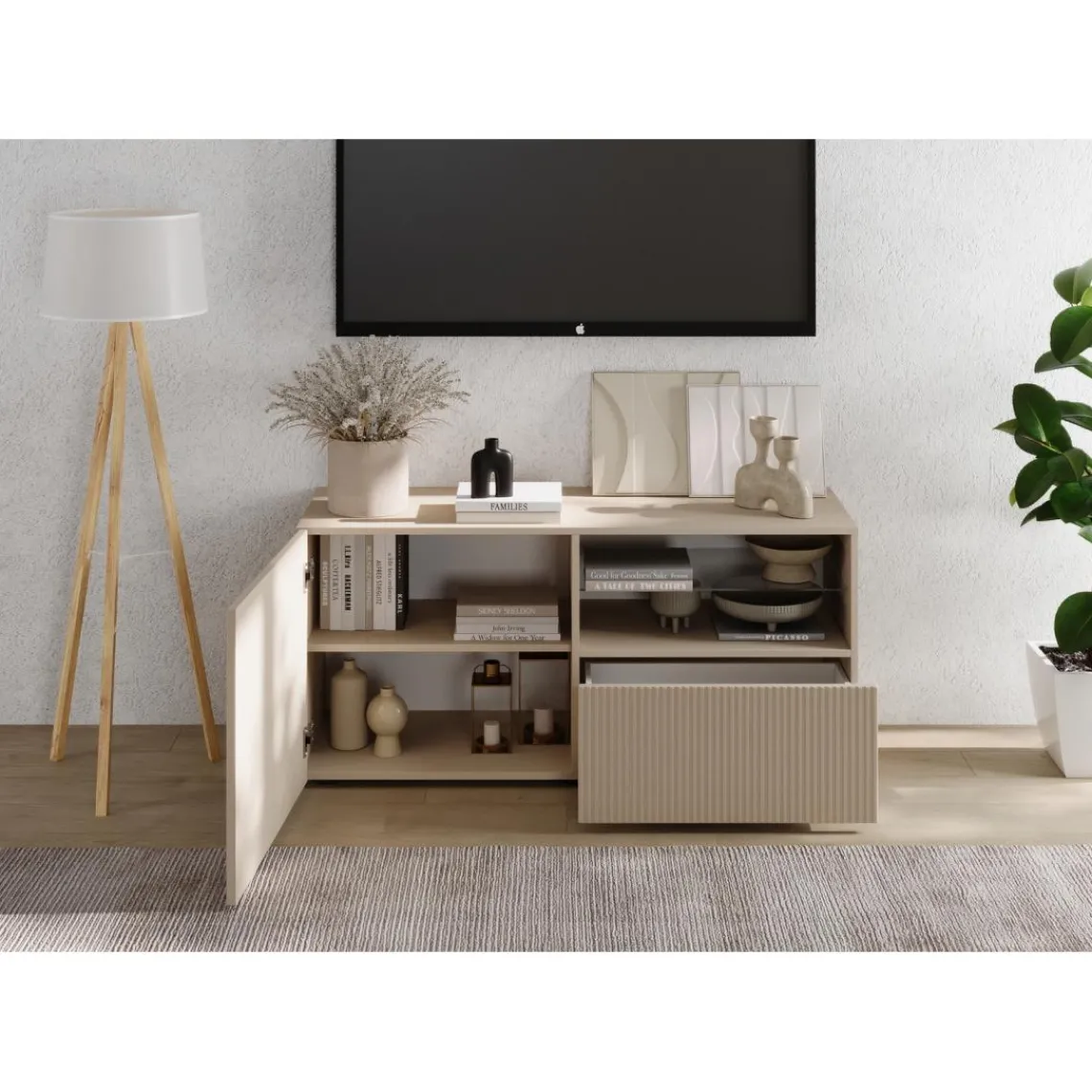 3S. x Home Meuble TV petit 1 porte 1 tiroir RIO Panneaux de particules de première qualité Portes en MDF Discount