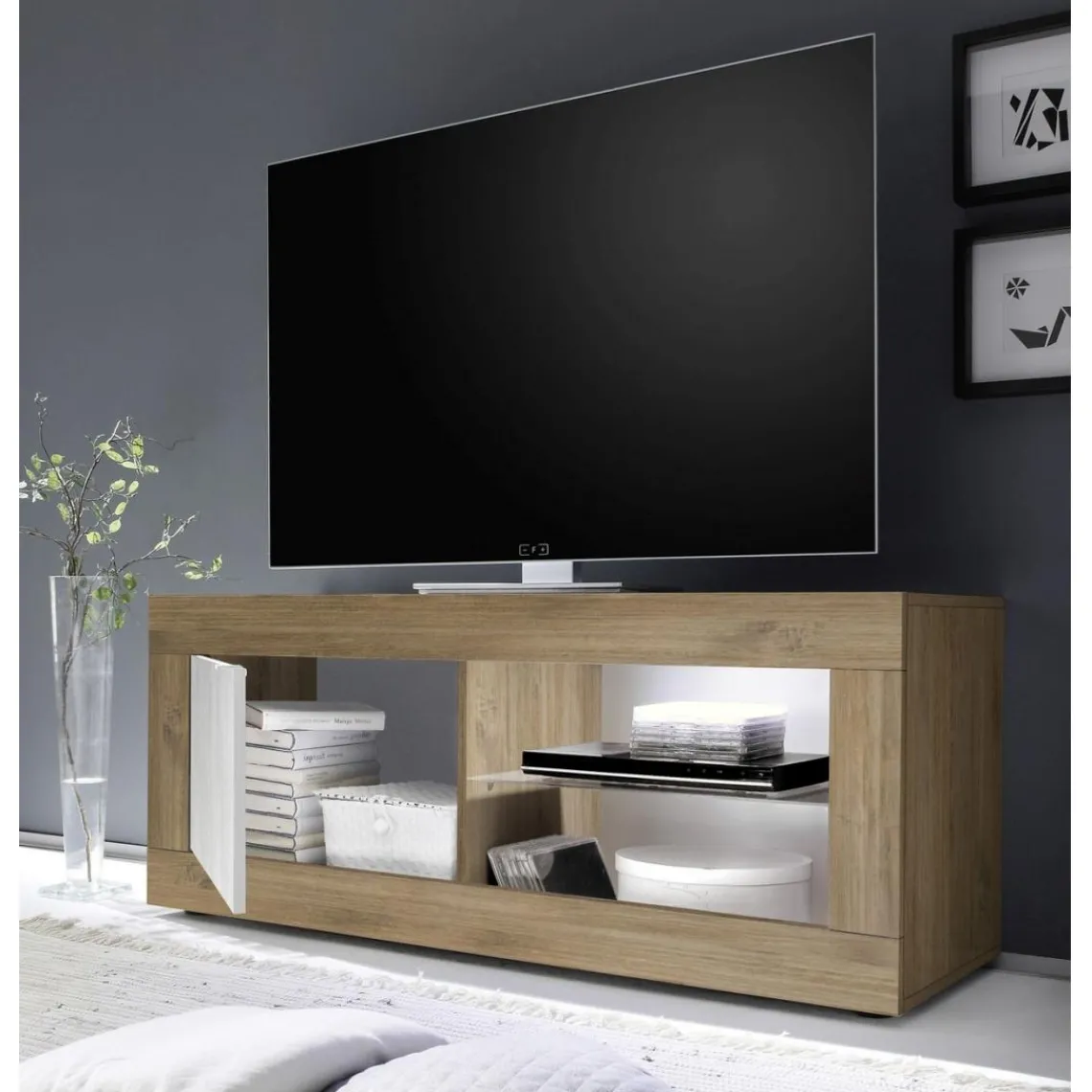 3S. x Home Meuble TV petit1 porte sans éclairage mercure blanche texturée New