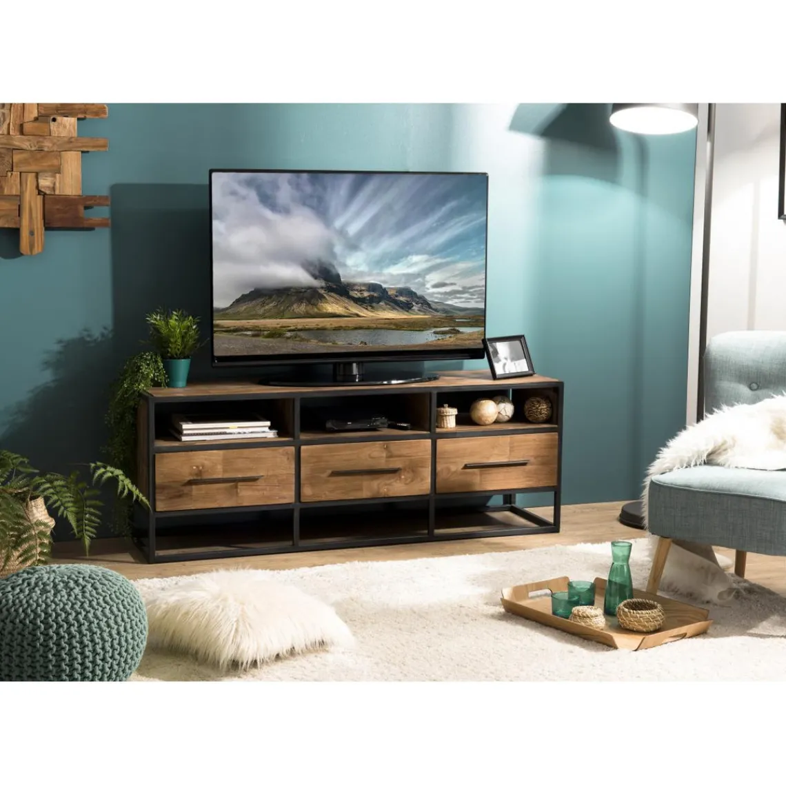 Macabane Meuble Tv SIXTINE 3 Niches 3 Tiroirs Bois Teck Recyclé Et Métal Sale