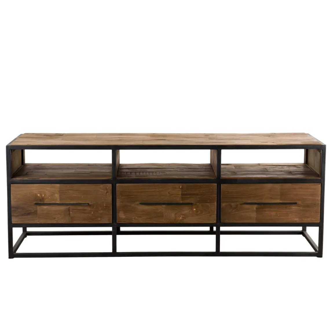 Macabane Meuble Tv SIXTINE 3 Niches 3 Tiroirs Bois Teck Recyclé Et Métal Sale