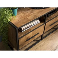 Macabane Meuble Tv SIXTINE 3 Niches 3 Tiroirs Bois Teck Recyclé Et Métal Sale
