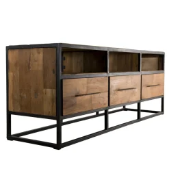 Macabane Meuble Tv SIXTINE 3 Niches 3 Tiroirs Bois Teck Recyclé Et Métal Sale