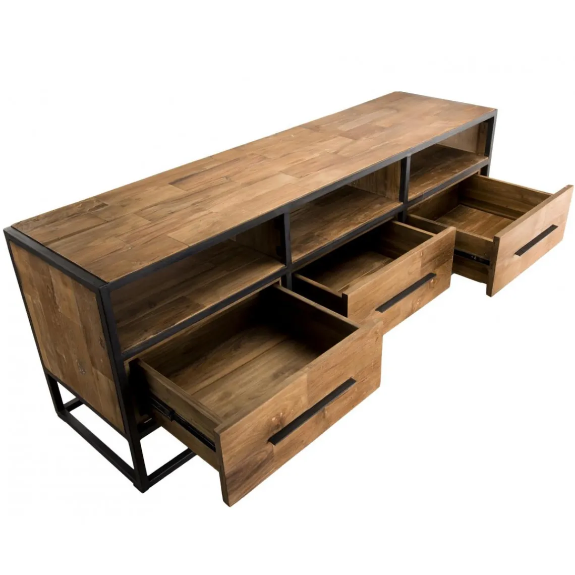 Macabane Meuble Tv SIXTINE 3 Niches 3 Tiroirs Bois Teck Recyclé Et Métal Sale