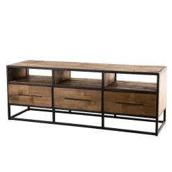 Macabane Meuble Tv SIXTINE 3 Niches 3 Tiroirs Bois Teck Recyclé Et Métal Sale