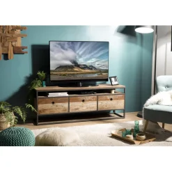Macabane Meuble Tv SIXTINE 3 Tiroirs Bois Teck Recyclé Acacia Mahogany Et Métal Discount