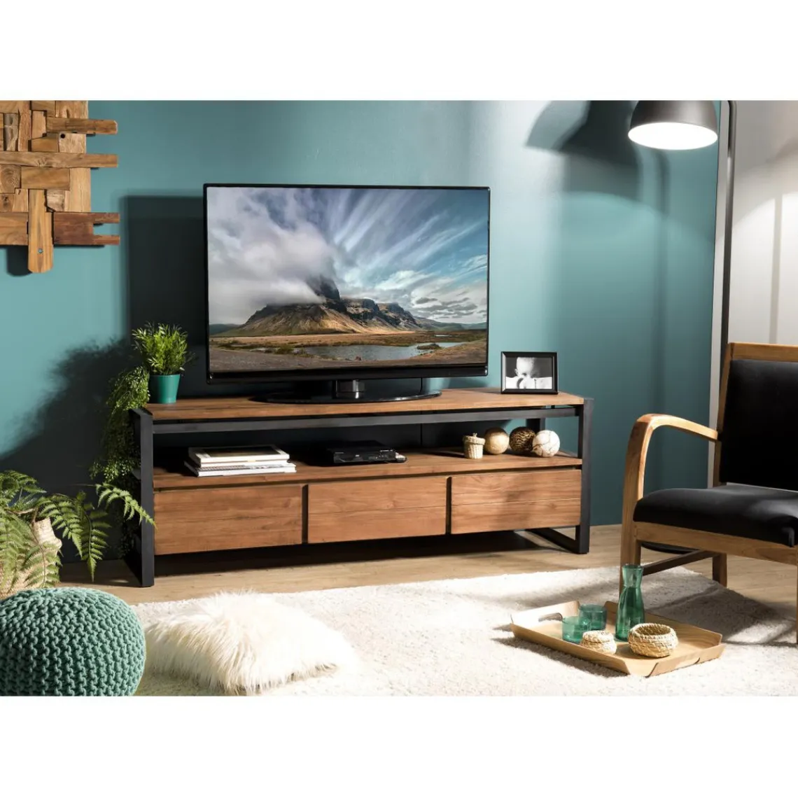 Macabane Meuble Tv SIXTINE 3 Tiroirs Et 1 Étagère Bois Teck Recyclé Et Métal