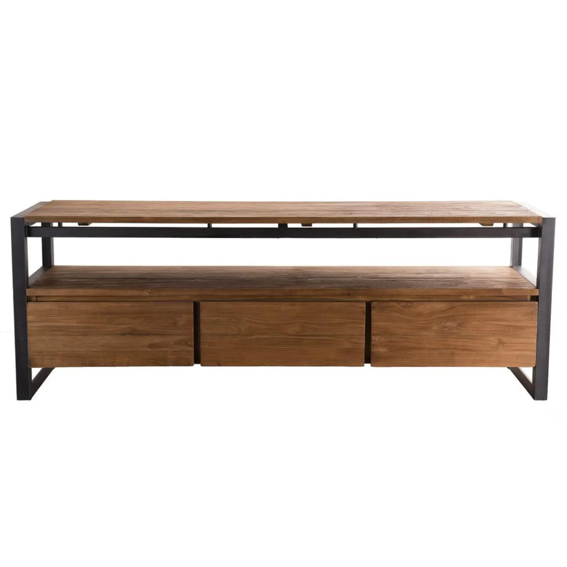 Macabane Meuble Tv SIXTINE 3 Tiroirs Et 1 Étagère Bois Teck Recyclé Et Métal