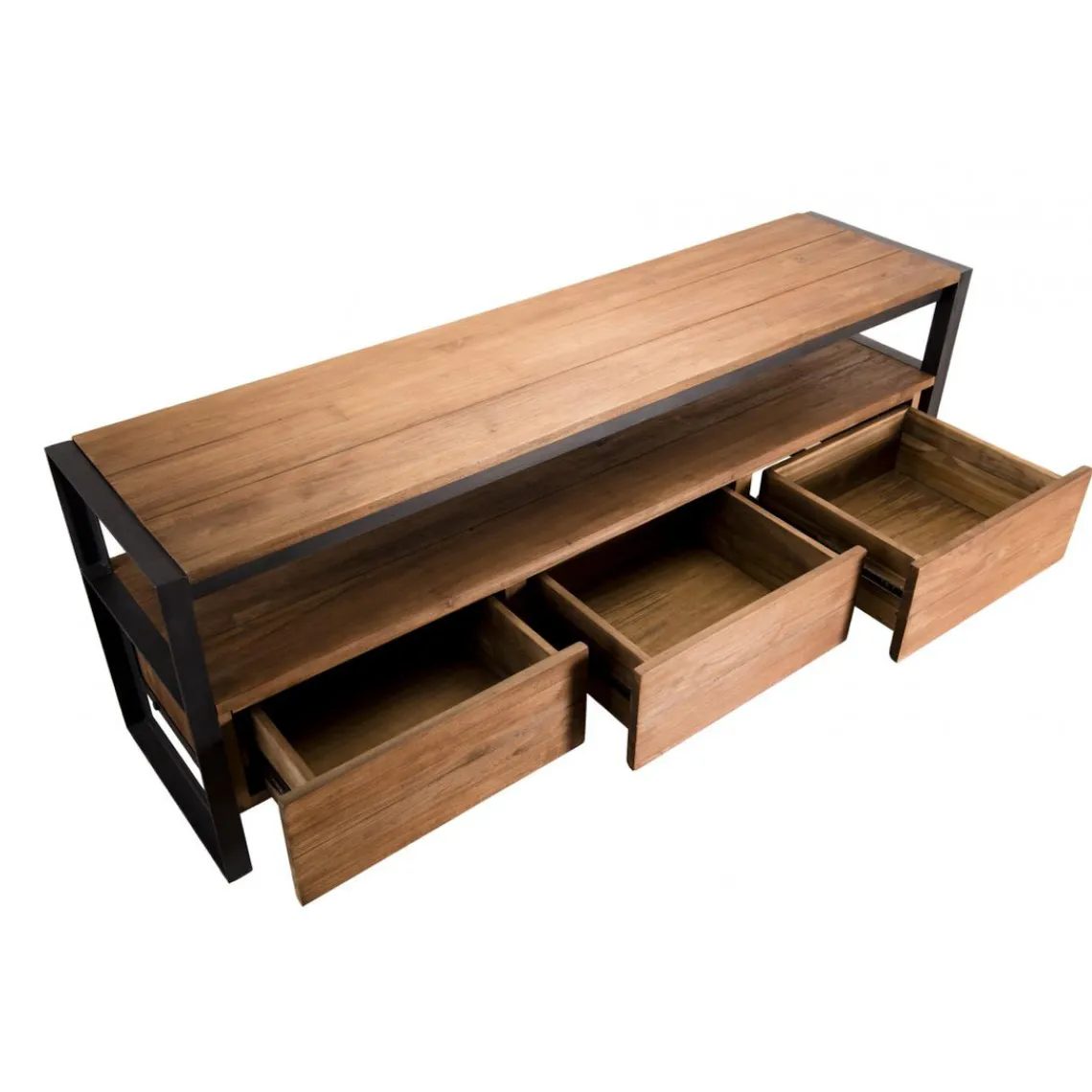 Macabane Meuble Tv SIXTINE 3 Tiroirs Et 1 Étagère Bois Teck Recyclé Et Métal