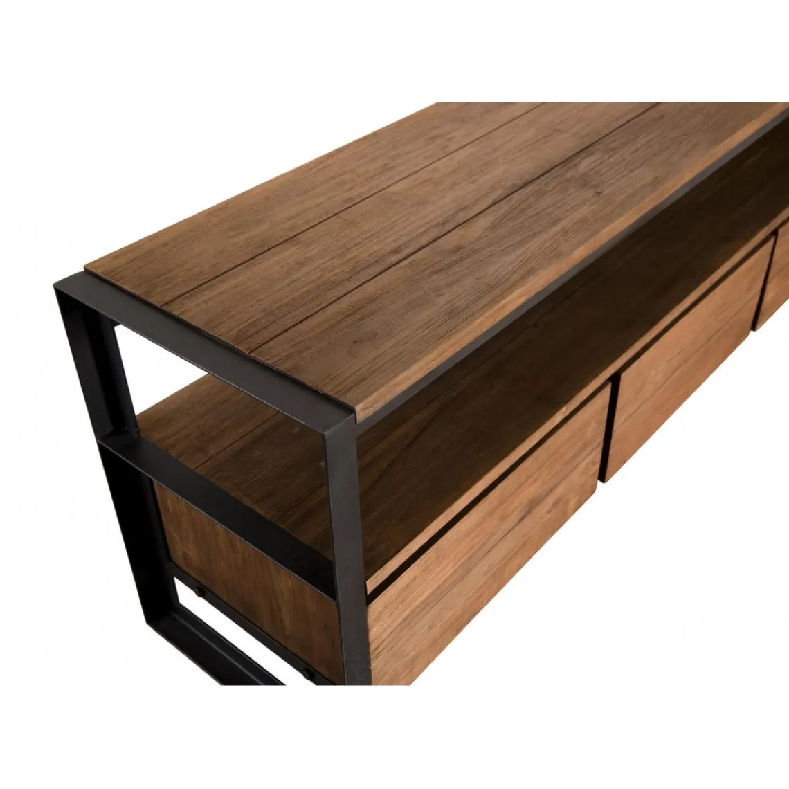 Macabane Meuble Tv SIXTINE 3 Tiroirs Et 1 Étagère Bois Teck Recyclé Et Métal