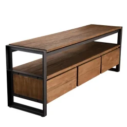 Macabane Meuble Tv SIXTINE 3 Tiroirs Et 1 Étagère Bois Teck Recyclé Et Métal