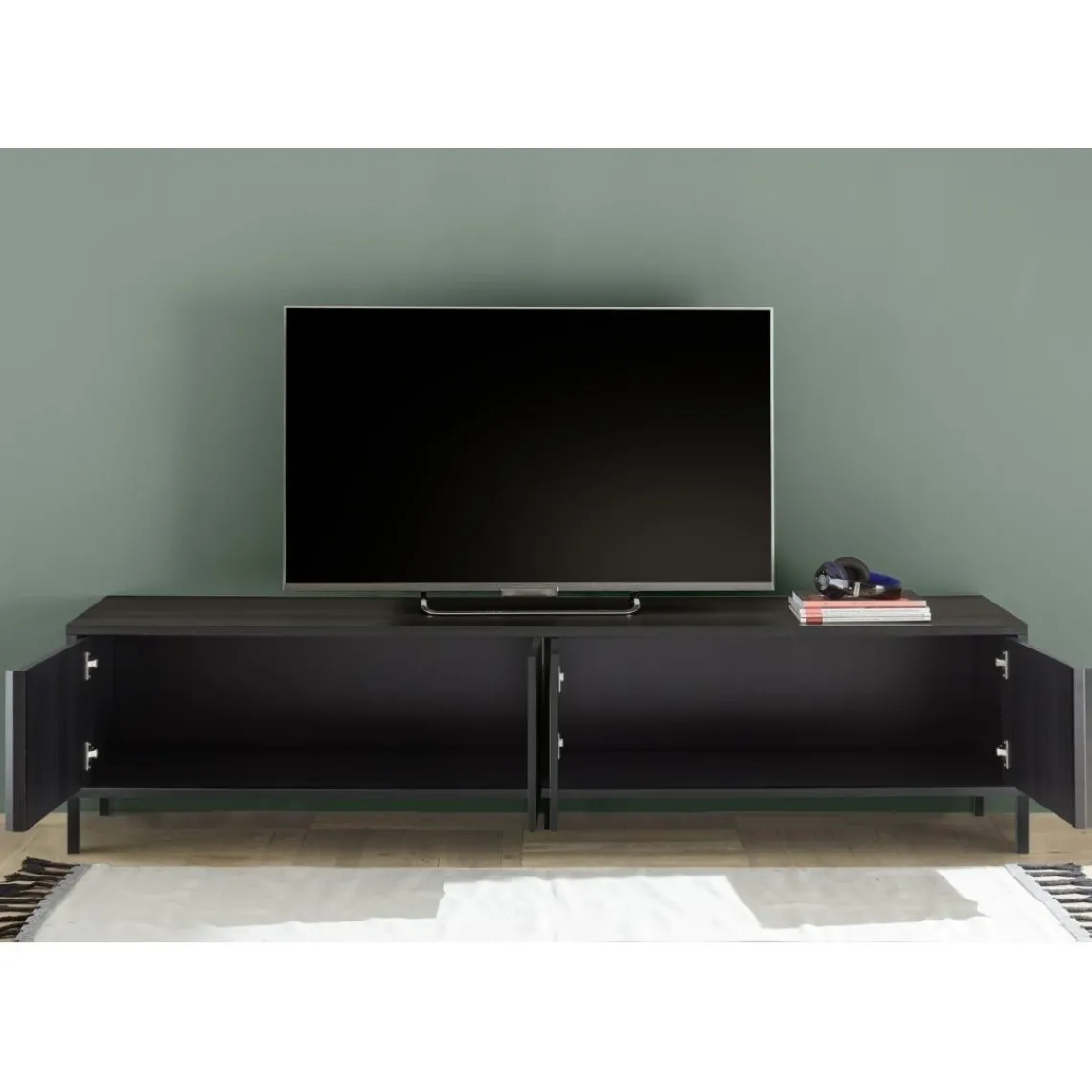3S. x Home Meuble TV STEEL lowboard 4 portes chene noir Discount
