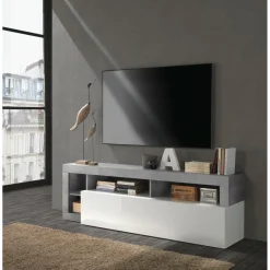 3S. x Home Meuble TV un abattant blanc lacqué brillant béton Sale