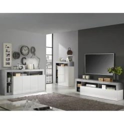 3S. x Home Meuble TV un abattant blanc lacqué brillant béton Sale