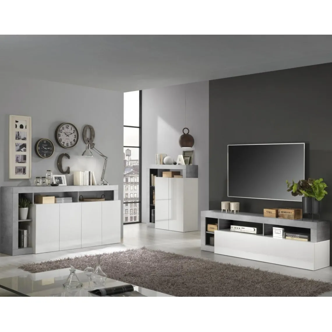 3S. x Home Meuble TV un abattant blanc lacqué brillant béton Sale