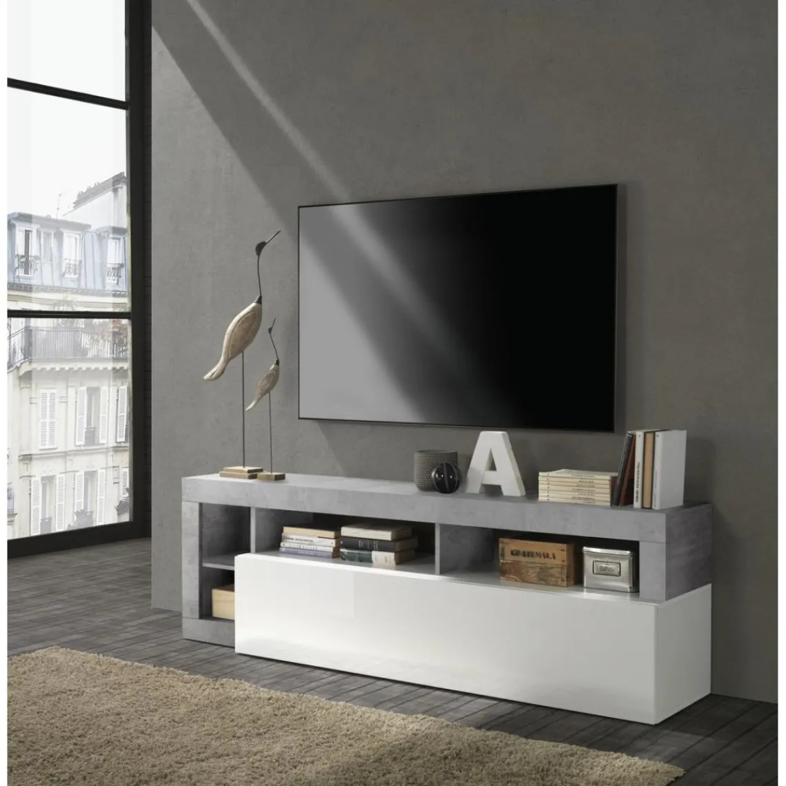 3S. x Home Meuble TV un abattant blanc lacqué brillant béton Sale