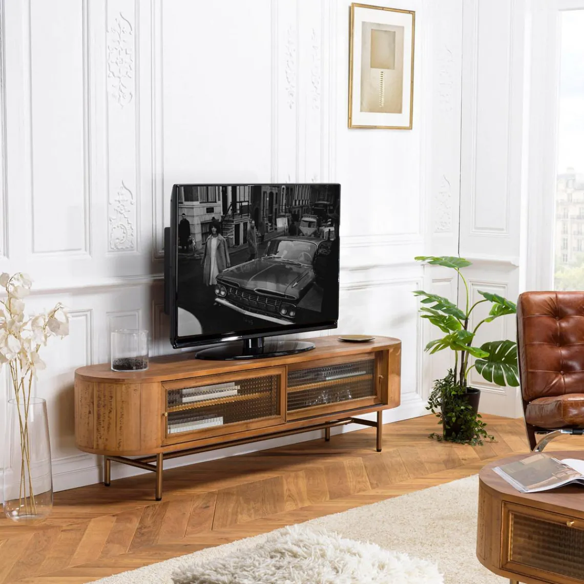 Macabane Meuble TV YSEULT 2 portes coulissantes en verre Hot