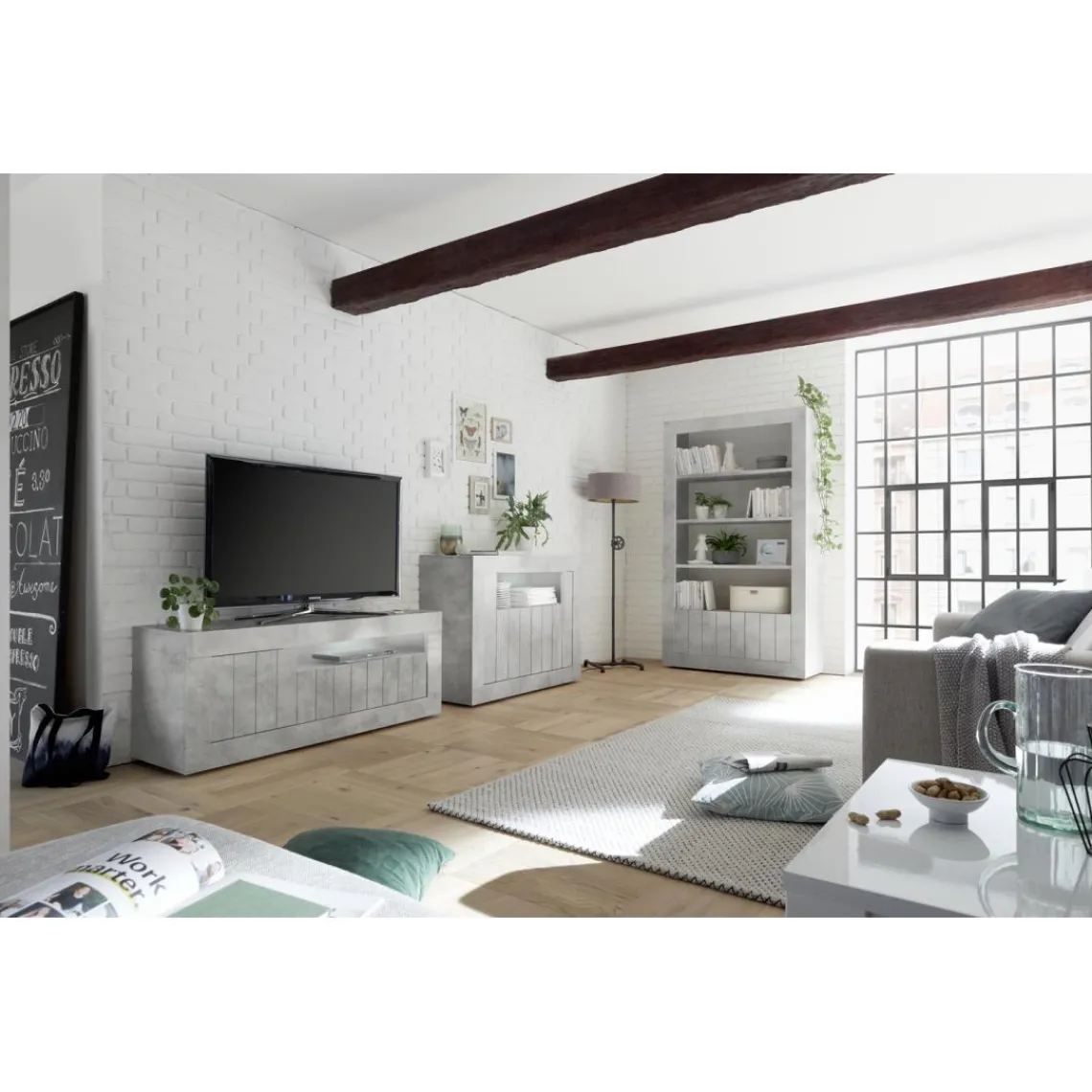 3S. x Home MeubleTV 3 portes battantes URBINO gris ciment Best