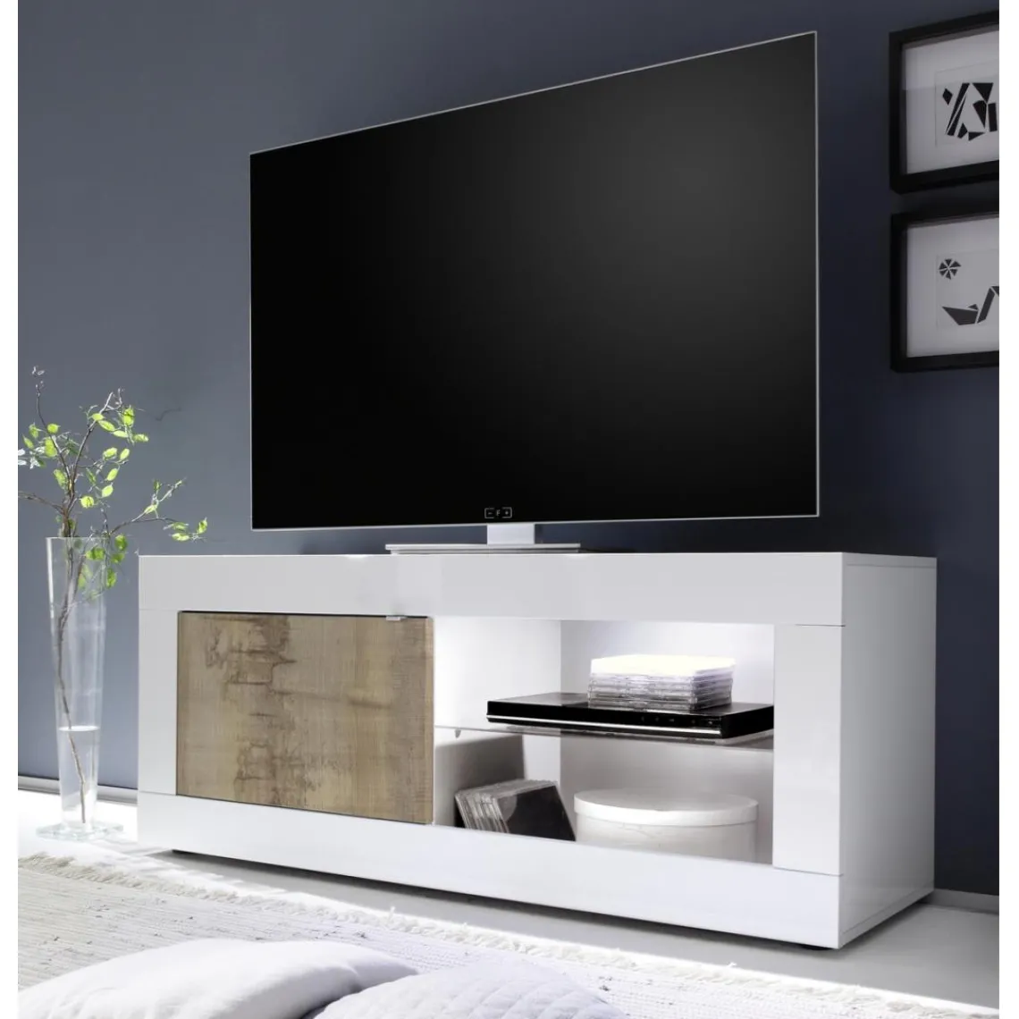 3S. x Home Meuuble TV 1 porte BASIC blanc et décor chene pero Discount