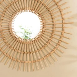 Macabane Miroir rond modèle soleil en rotin couleur brun miel KALLY Sale